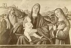 Madonna and Child with Two Saints, c. 1485-1510, formerly the Kaiser Friedrich Museum, Berlin, destroyed 1945 in the Flakturm Friedrichshain fire Archived 2020-10-24 at the Wayback Machine.[30]