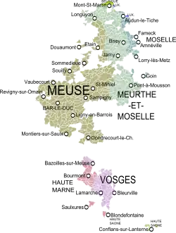 The Duchy of Bar in the 17th century, as against the modern administrative divisions of France