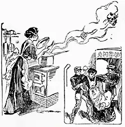 Two cartoons of Mallon. The first shows her cooking, with skulls rising in the steam; the second shows her fighting with the police before being put into an ambulance