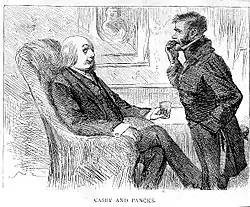Two men—one sitting in a chair, the other standing—converse in a black and white drawing