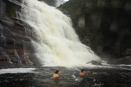 A large waterfall, with two swimmers for scale