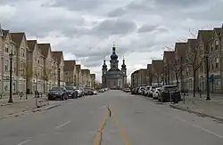 The new urbanist Cathedral High Street in Cathedraltown, looking towards the Cathedral of the Transfiguration
