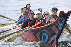 Traditional Tlingit canoe race during the 2009 Ha Kus Teyea Celebration on Teslin Lake, Yukon.