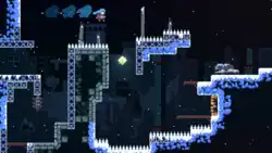 Madeline dashes to the right over a spiked surface in an ice-covered abandoned city.