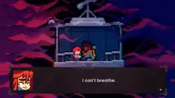 Theo comforts Madeline in a cable car surrounded by large, tentacle-like hairs. A dialog box shows a portrait of Madeline with the text, "I can't breathe."