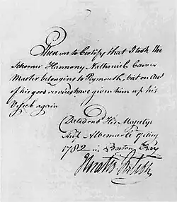 Certificate given by Horatio Nelson to Nathaniel Carver, master of the schooner Harmony of Plymouth
