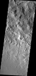 Cerulli crater channels, as seen by THEMIS. Channels are on the inner north rim of the crater.