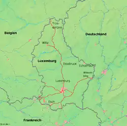 Map of current railways in Luxembourg: Troisvierges near northern border with Belgium