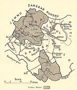 1911 map of the Princely States of the Shimla Hills showing the boundaries of Chamba State.