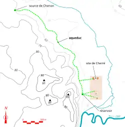 Color representation of the path of an ancient aqueduct, plotted on a topographic map.