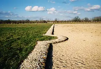 Color photograph of the base of a straight wall interrupted by a semicircular niche.