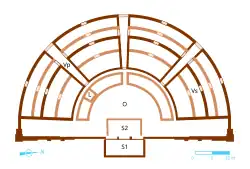 Color drawing representing the plan of an ancient theater.
