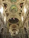 Ceiling of nave, interior of dome with stained glasse, ceiling of chancel/apse, daylight through clerestory windows