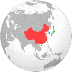 Map of East Asia indicating China (red), Taiwan (pink), Japan (green), South Korea (blue), and North Korea (light blue).