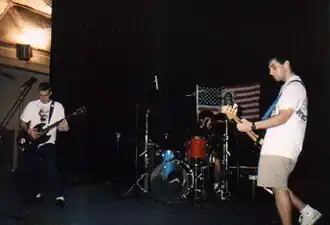 Chisel plays on the University of Notre Dame campus, April 1991. From left, are Ted Leo, John Dugan and Chris Infante.