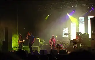 The band !!! performing on stage at Flow Festival in 2007