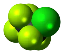 Space-filling model of the chloropentafluoroethane molecule
