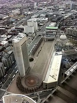 Aerial view of the skyscraper on the Christian Science Plaza