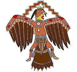 A man-bird hybrid wearing Mississippian era religious regalia, a lighting whelk necklace, face and body paint, a breechcloth, moccasins, and a hat.