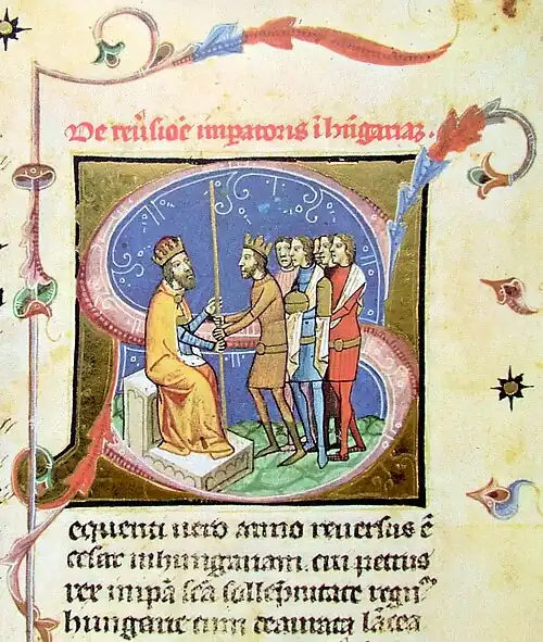 Chronicon Pictum, Hungarian, Hungary, King Peter, Holy Roman Emperor Heny III, German king, vassal, overlord, spear, medieval, chronicle, book, illumination, illustration, history