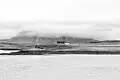 A view of the church taken from Canna with Rum in the background