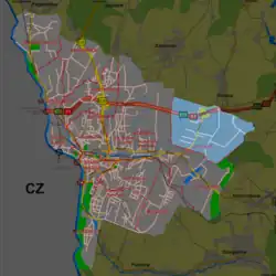 Krasna highlighted on map of Cieszyn
