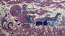 Cirebonese Batik Art depicting Hindu Gods Arjuna and Krishna in their chariot in Mahabharata