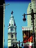 City Hall Tower from South Broad Street. William Penn faces northeast, to Shackamaxon, the site of his 1682 treaty with the Lenni Lenape.