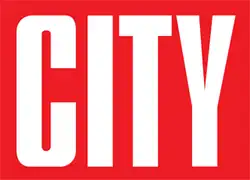 “CITY” printed in bold, large, white letters on a rectangular, red block background