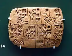 Administrative tablet, Uruk III phase, recording daily rations, with cases arranged in three rows. British Museum.