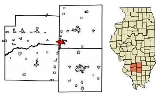 Location of Centralia in (clockwise from upper left) Clinton, Marion, Jefferson, and Washington Counties, Illinois.