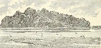 Illustration of rocky outcropping over water