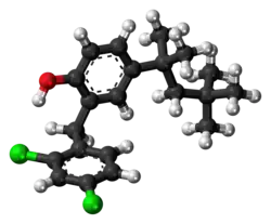 Ball-and-stick model of the clofoctol molecule