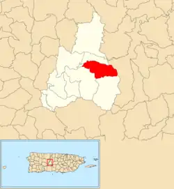 Location of Coabey within the municipality of Jayuya shown in red