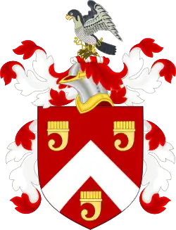Coat of arms of American president Chester A. Arthur, based on the Arthur arms of England: Gules a chevron argent between three clarions or.