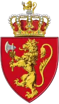A variant with additional lion rampant Or, crowned and bearing axe Or with blade Argent in crest. Never used by royal or state authorities.