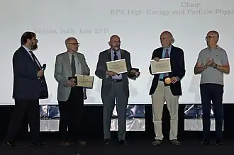 Award ceremony for the Cocconi Prize winners at the 2017 EPS High Energy Physics conference, Lido di Venezia.