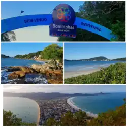 From top to bottom, clockwise: Main entrance; sandbar on Bombas Beach; view of Morro do Macaco; view of the Bombinhas pier.