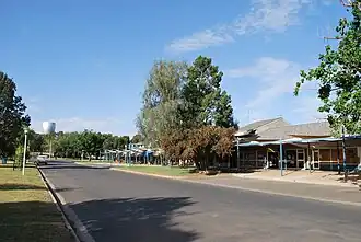 Main street of Coleambally looking toward the distinctive water tower
