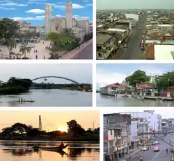 From top, left to right: Our Lady of Mercy Cathedral next to the Central Park 24 May, view of the southwest of the city, Catarama River Bridge, 9 October Boardwalk, Babahoyo River and García Moreno Street.