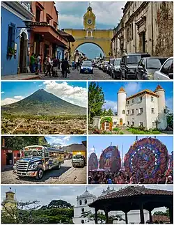 From top to bottom, from left to right: Arch of Santa Catalina, Water Volcano, Defay Castle, Traditional Chicken Bus, Sumpango giant kites and Central Plaza of the Old City.