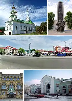 Upper row: Church of the Nativity of the Blessed Virgin, Monument to Lubny`s millennium. Middle row: Yarmarkova (Fair) Square. Lower row: facade of school No. 10, building of the Lubny railway station