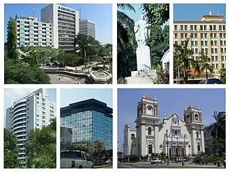 Left to right: Bancatlán building, Monument to the Mother, Hotel Real Intercontinental, Río de Piedras Building, Building in Zona Viva, and San Pedro Cathedral.