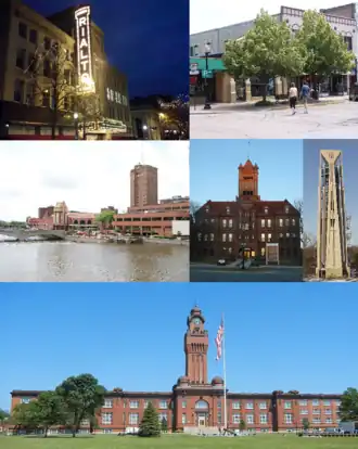 Clockwise from top left: Rialto Square Theater (Joliet), Downtown Crystal Lake, Moser Tower (Naperville), Old DuPage County Courthouse (Wheaton), Great Lakes Naval Training Station (North Chicago), and Downtown Aurora
