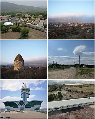 Clockwise from top: Newly built houses; View of Khojaly; Street in Khojaly; Brick factory; Stepanakert Airport; Azerbaijani mausoleum