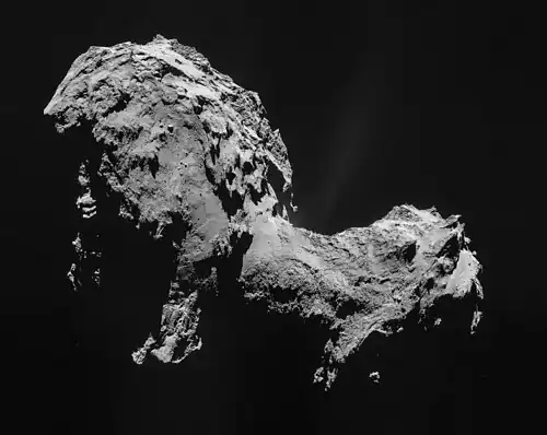 Image 22 67P/Churyumov–Gerasimenko Photograph: ESA/Rosetta/NAVCAM A black-and-white photographic mosaic depicting the comet 67P/Churyumov–Gerasimenko, as photographed by the probe Rosetta. This Jupiter-family comet, which was originally from the Kuiper belt, is about 4.3 km (2.7 mi) across, has a current orbital period of 6.45 years, a rotation period of approximately 12.4 hours, and a maximum velocity of 135,000 km/h (38 km/s; 84,000 mph). It was first observed on photographic plates in 1969 by Soviet astronomers Klim Churyumov and Svetlana Gerasimenko, after whom it is named. More selected pictures