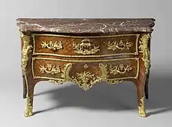 Rococo commode; 1730–1745; spruce, oak, violet, rosewood, coniferous, gilt-bronze ornaments, copper, and marble; height: 82&nbsp;cm; Rijksmuseum (Amsterdam, the Netherlands)