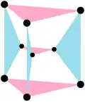 3{4}2, or with 9 vertices, 6 3-edges in 2 sets of colors