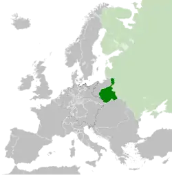 Map of Congress Poland, c. 1815, following the Congress of Vienna. The Russian Empire is shown in light green.