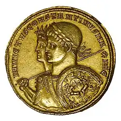 A coin struck in 313, depicting Constantine I as the companion of a solar deity